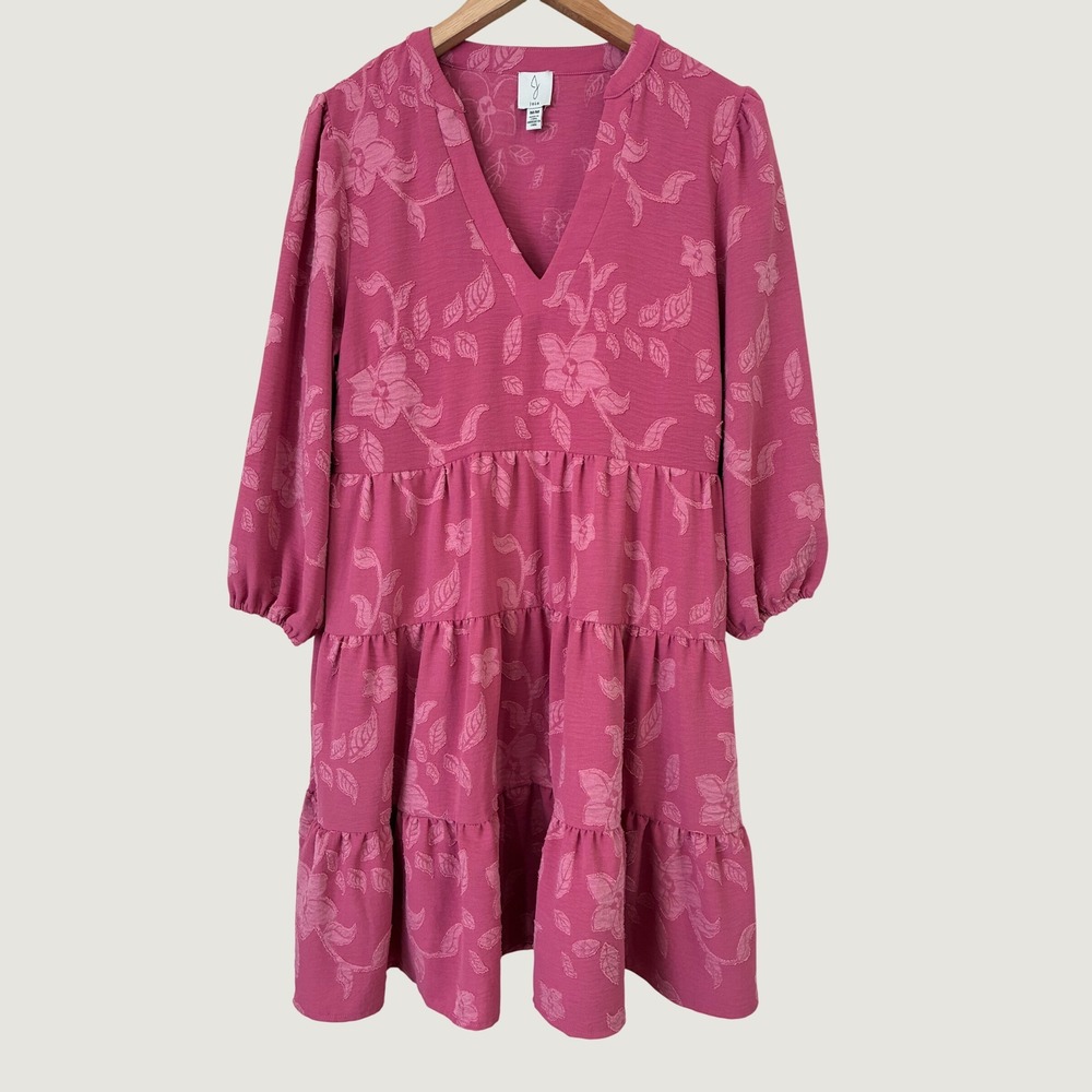 Joie Babydoll Pink Floral Boho Femme Jacquard V-Neck Tiered Mini Dress M